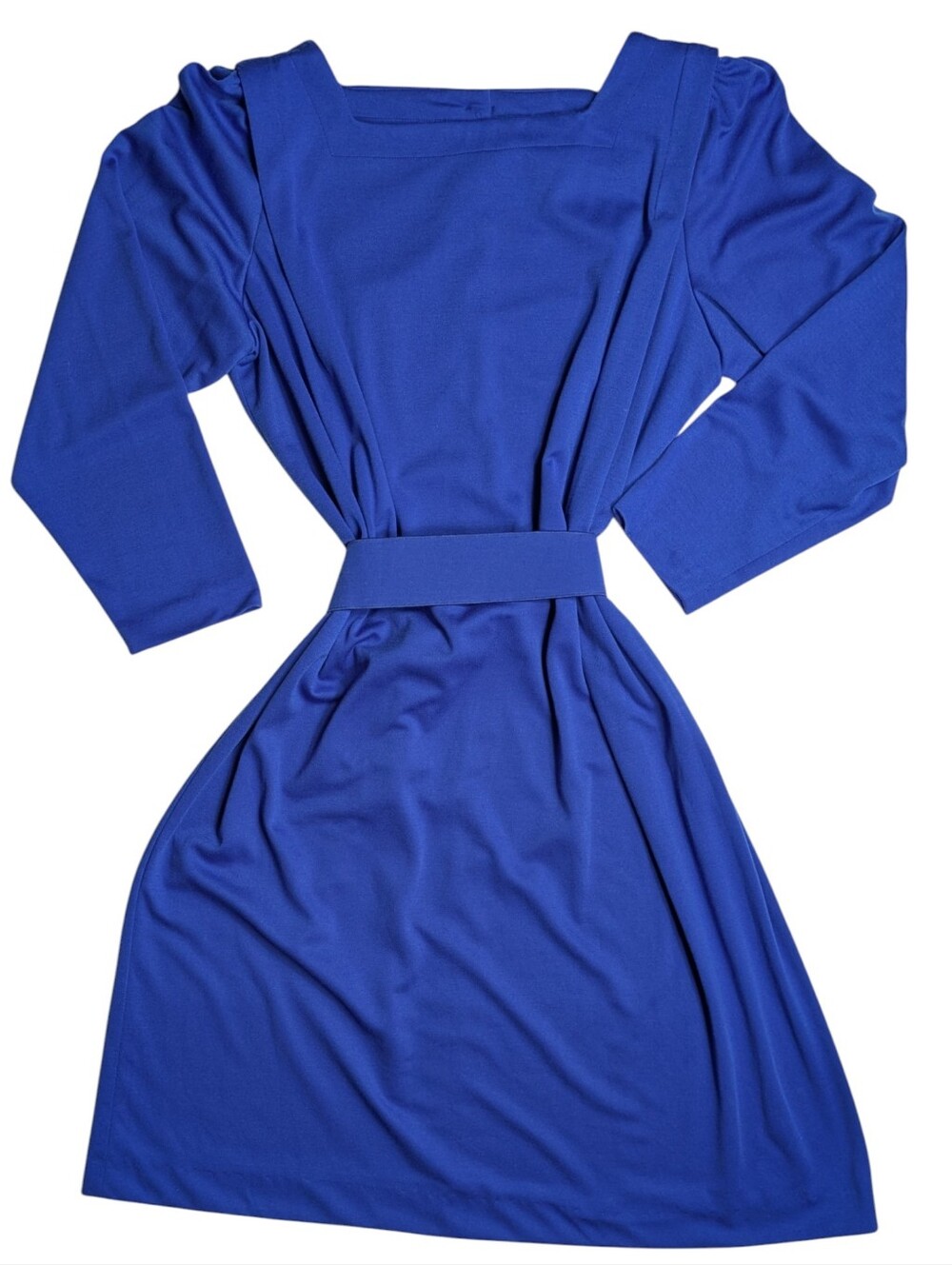 80s Damon Dress Classic Square-Neck Long Sleeve Blue Dress with Belt